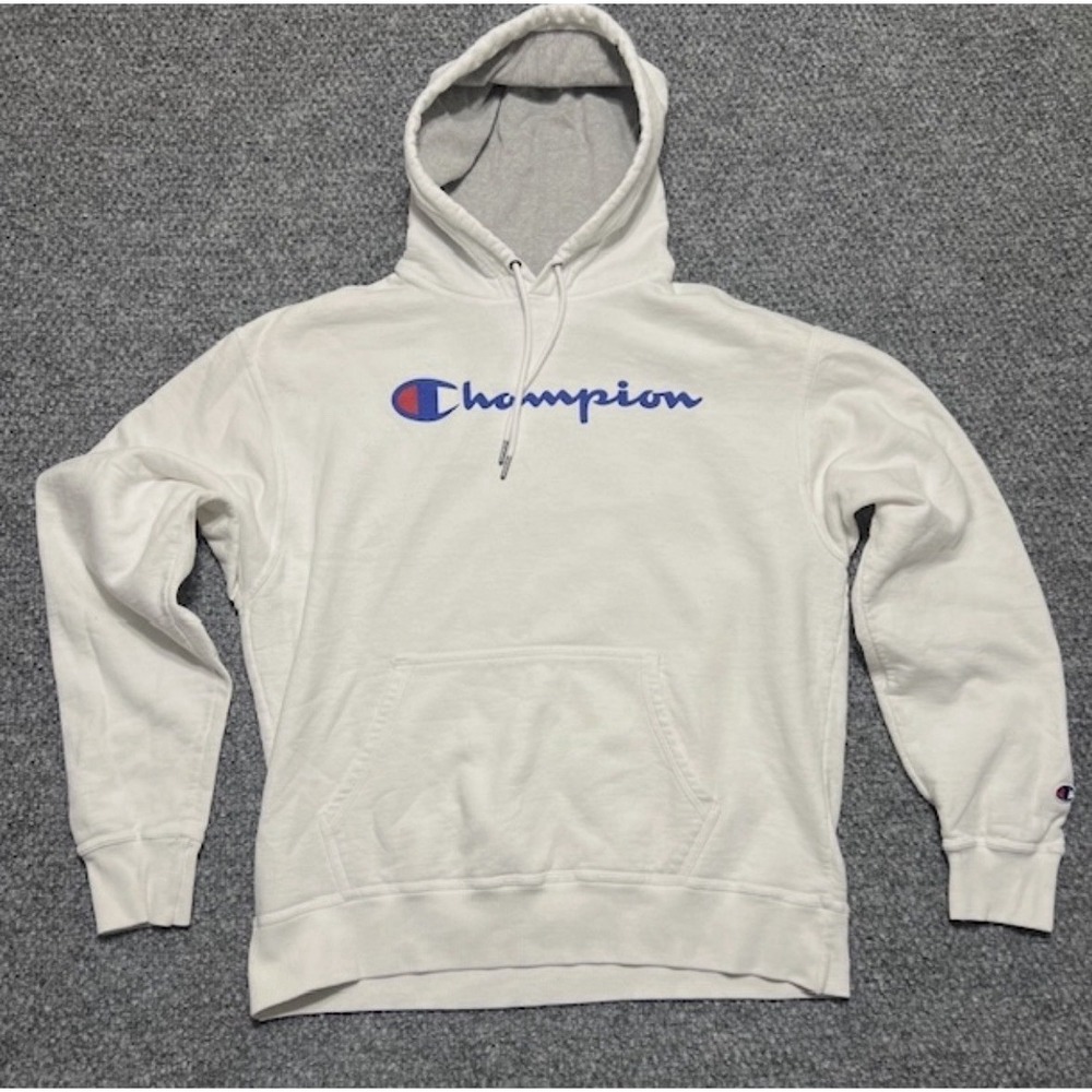 Champion Men's L White Pullover Hoodie Fleece Cotton Hooded Logo‎ Long Sleeve
